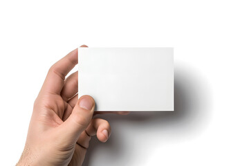 Fototapeta premium Business card mockup in man hand. Blank calling card template isolated on white background 