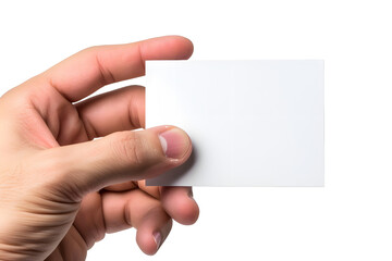 Obraz premium Business card mockup in man hand. Blank calling card template isolated on white background 