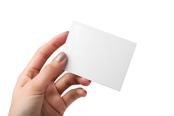 Fototapeta premium Business card mockup in woman's hand. Blank calling card template isolated on white background