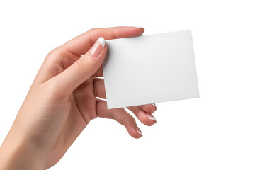 Obraz premium Business card mockup in woman's hand. Blank calling card template isolated on white background