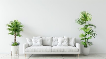 White sofa located in the living room with white walls and green plants. The room is light and airy, with lots of natural light coming in through the window