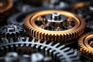 Closeup of metal gear wheels, industrial background.