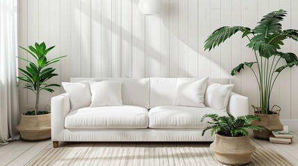 White sofa located in the living room with white walls and green plants. The room is light and airy, with lots of natural light coming in through the window