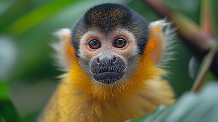 Obraz premium close-up of a baby monkey, surrounded by lush green leaves and vibrant bananas.