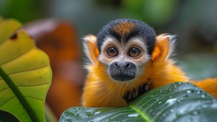 Fototapeta premium close-up of a baby monkey, surrounded by lush green leaves and vibrant bananas.