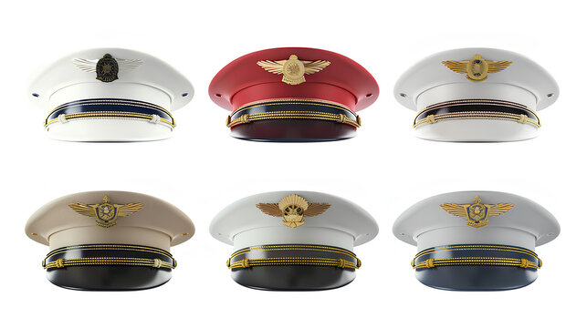 set collection of stylish navy ship military captain or high rank army general and police officer security guard hat in different colors, isolated on white background