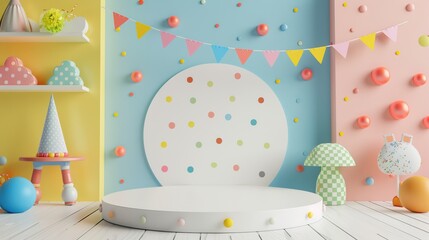 Colorful room with a podium and a bunch of colorful decorations for displaying and background product presentations.