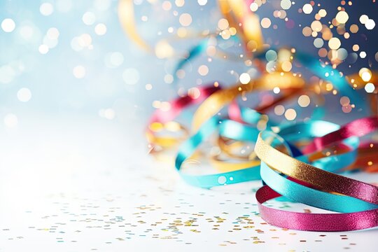 festive party or carnival border with coiled streamers and confetti, featuring space for text,