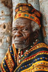 Fototapeta premium An elderly African man with deep wrinkles and a wise expression, wearing a colorful kente cloth