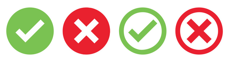 Check mark icon button set. Check box icon with right and wrong buttons and yes or no checkmark icons in green tick box and red cross.
