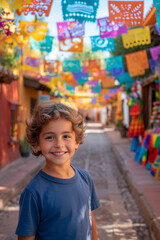 A young Hispanic boy with curly hair and bright brown eyes