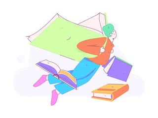 World Book Day Reading Character Flat Vector Concept Operation Hand Drawn Illustration
