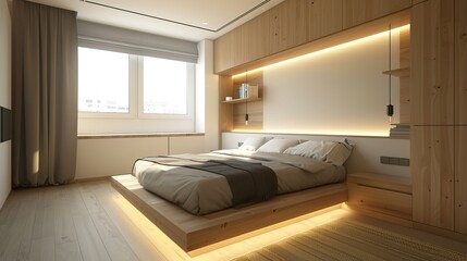 Bedroom with a wooden bed frame and a white wall. The bed is made and the room is clean and tidy