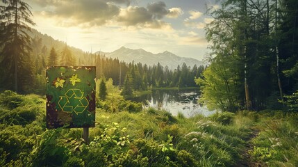 A pristine natural landscape with a recycling sign, promoting the responsibility of protecting the ecosystem