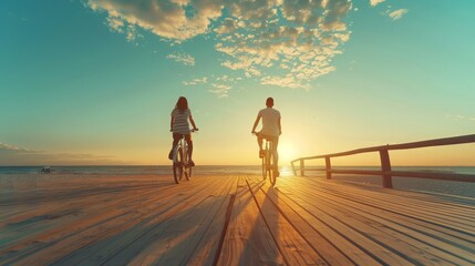 Fototapeta premium Couple of young hipsters cycling together at the beach at sunrise sky at wooden deck summer time