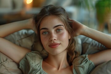 Fototapeta premium Woman on couch, hands on head