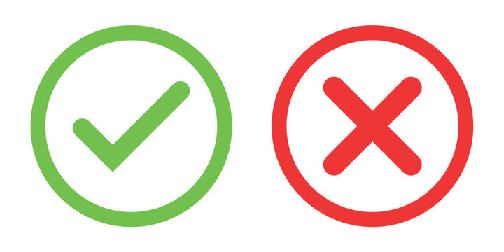 Check mark icon button set. Check box icon with right and wrong buttons and yes or no checkmark icons in green tick box and red cross.