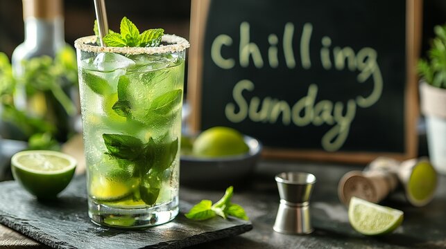 Capturing the essence of a perfect Sunday, this image features a refreshing mojito cocktail splashing in front of a blackboard with the text "Chilling Sunday," symbolizing relaxation and enjoyment. - Powered by Adobe