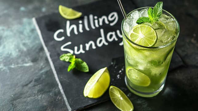 Capturing the essence of a perfect Sunday, this image features a refreshing mojito cocktail splashing in front of a blackboard with the text "Chilling Sunday," symbolizing relaxation and enjoyment.