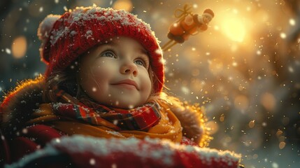 Merry Christmas and happy holidays! Cute little child girl with xmas present. Santa Claus flying in his sleigh against moon sky. Kid enjoy the holiday