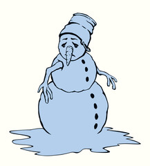 Snowman in snow. Vector drawing.