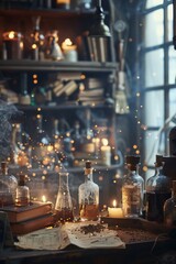 An old dusty shop with ancient books, artifacts, vials, and glowing lights.