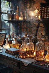 An old dusty shop with ancient books, artifacts, vials, and glowing lights.