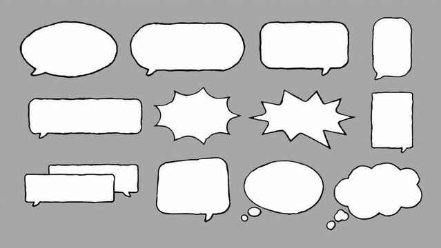 Comic Style Wiggle Speech Bubbles Cartoon Dialog Pack, chat cloud, talking bubble, dreaming symbol, thoughts, sketchy, and doodle. Loop animation on a transparent background_ alpha channel.