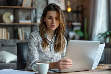 Obraz premium Woman working at table with laptop and coffee