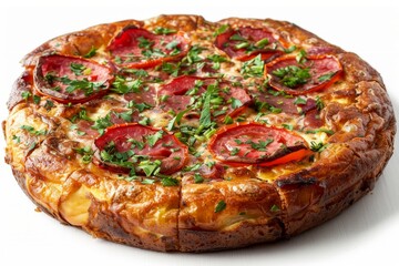 Classic vegetable and pepperoni pizza with a golden crust, served on a wooden board, set in a rustic kitchen scene with natural light
