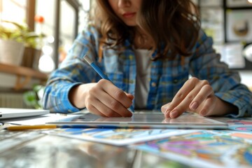 Fototapeta premium Person using pen and pencil to write on tablet