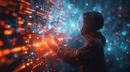 A hacker wearing a mask is sitting in front of a computer