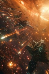 Space battle in space, explosions, skirmish, shooting, spaceships, orange and red glow.