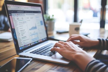 Person typing on laptop on wooden table