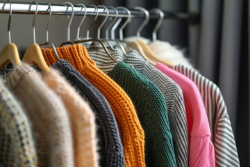Multiple sweaters displayed close up on rack