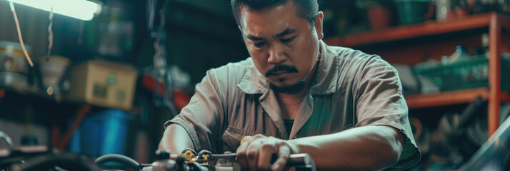 A man is working on a motorcycle in a garage. He is focused and concentrated on his task. The scene is lit by an overhead light, casting shadows and emphasizing the mechanics focused expression