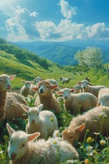 A group of adorable farm animals gather in a lush green pasture, with rolling hills in the background and a bright blue sky overhead.