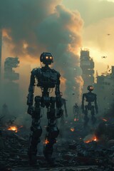 A group of humanoid robots stands defiantly amidst the ruins of a futuristic city, their glowing eyes fixed on the distant skyline.