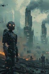 A group of humanoid robots stands defiantly amidst the ruins of a futuristic city, their glowing eyes fixed on the distant skyline. 