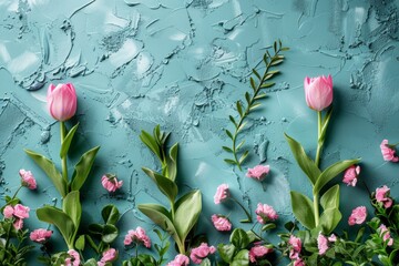 Flowers on blue wall with green leaves