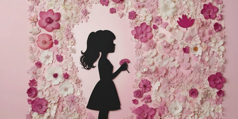 Fototapeta premium Silhouette of a girl on the pink flowers background