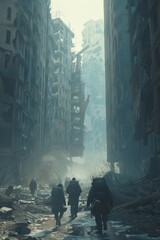 A group of scavengers picks their way through the ruins of a derelict city, searching for supplies amidst the wreckage.