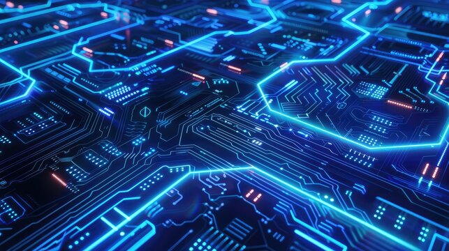 Futuristic digital background with neon blue circuitry patterns, ideal for technological themes