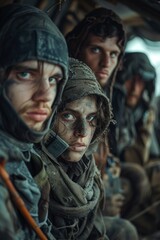 A group of people in dark, dirty clothes is looking sadly and wearily at the camera.