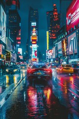 Cars are driving through the nighttime metropolis in neon lights and colorful reflections, with skyscrapers covered in advertising billboards.