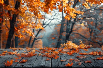 Forest table leaves with blurred background