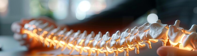 Close-up of a human spine model with a highlighted section, used for medical education and anatomy studies, emphasizing spinal health and vertebrae structure.