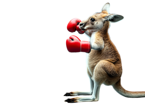 A kangaroo wearing red boxing gloves stands in a stance ready to punch on a transparent background. Generative ai illustration.