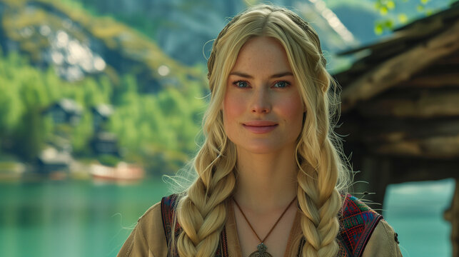 young Scandinavian woman with long blonde hair and a traditional bunad