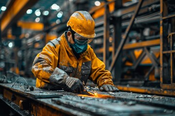Metalworker in gear operates on metal
